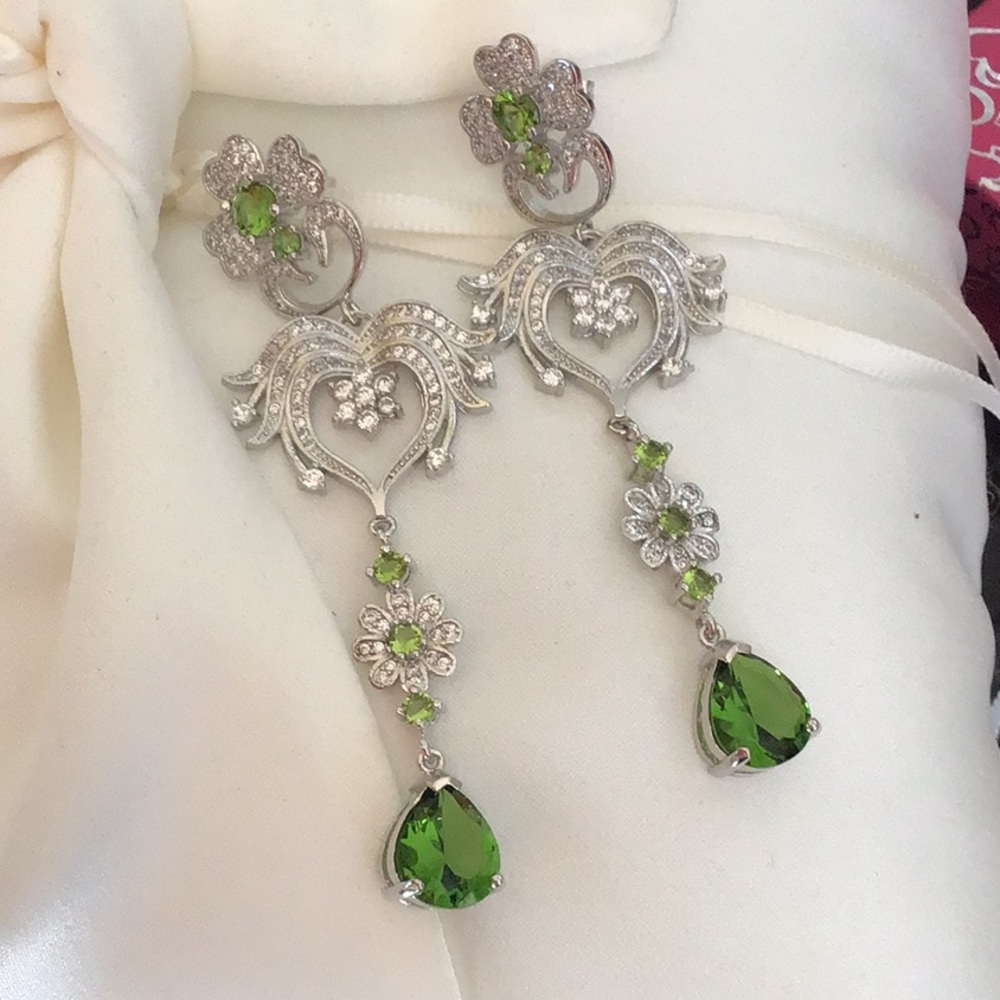 Peridot Long Dangle Earrings Sterling Silver 925